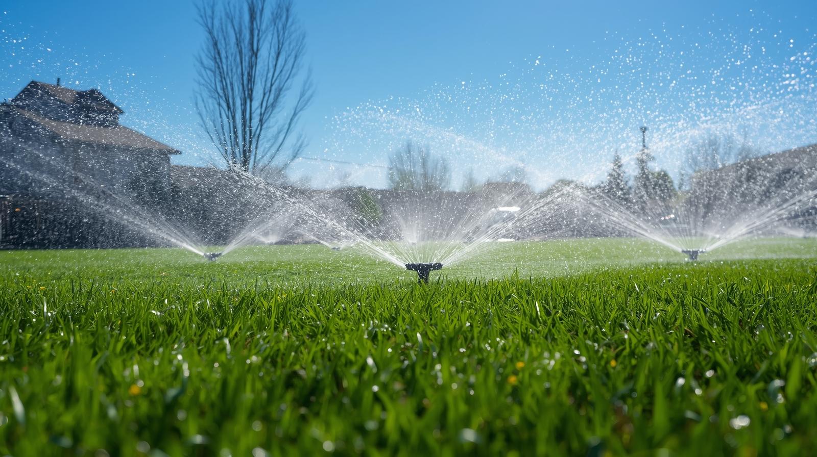 Sprinkler system startup with multiple heads watering green Colorado lawn