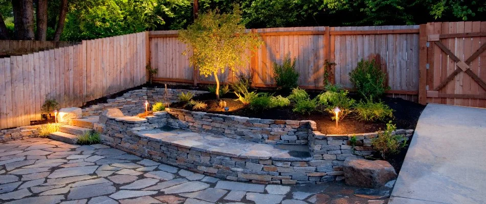 Landscape lighting on a property in Denver, CO, illuminating plants and retaining wall.