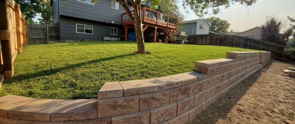 Landscaped backyard with retaining wall features in Denver, CO.