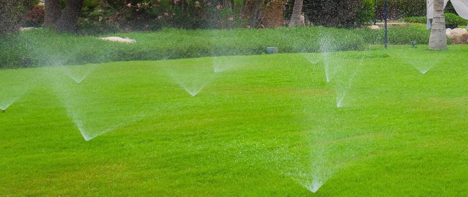 Several sprinkler heads on a wide lawn in Denver, CO.