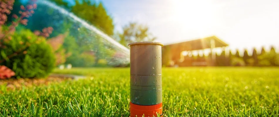 Sun shining on a sprinkler head in Denver, CO, watering some plants.