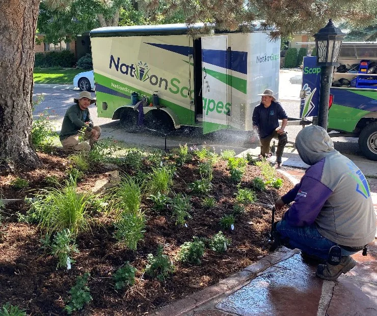 Three technicians installing landscape sprinkler system in Denver, CO.